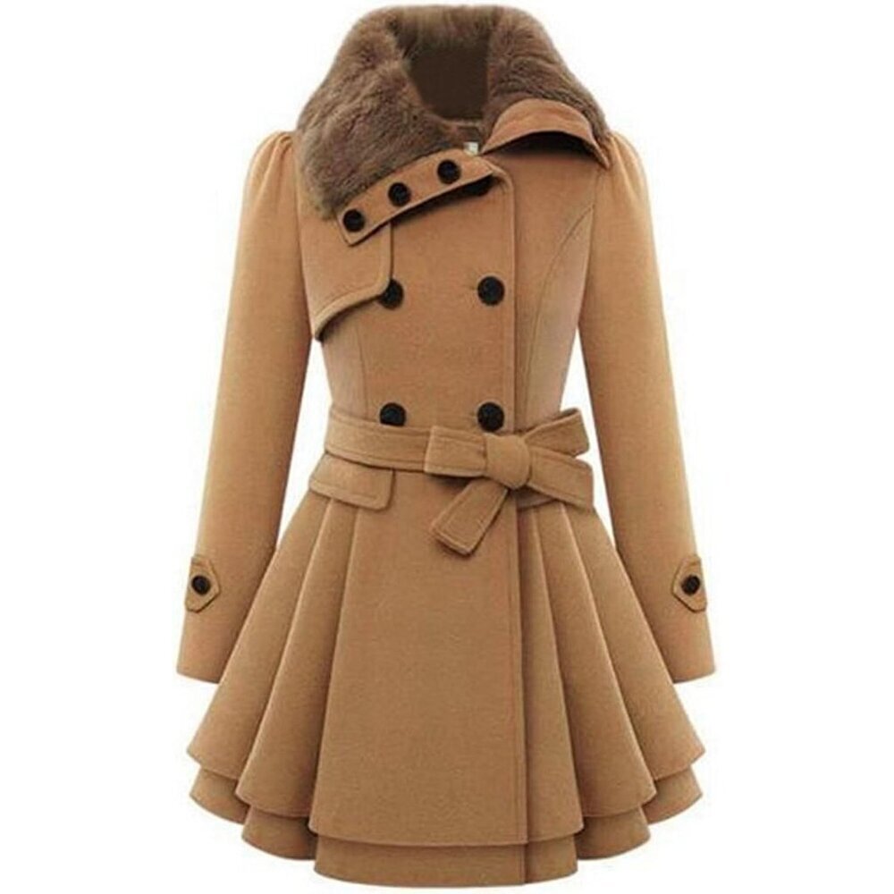 🆕Women's Camel Zeagoo Winter Trench Coat Faux Fur Lapel Double Breasted Design